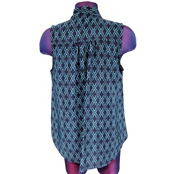 41 Hawthorn‎ Astrid Tie Neck Navy Teal Moroccan Print Sleeveless Top Small - Picture 5 of 8